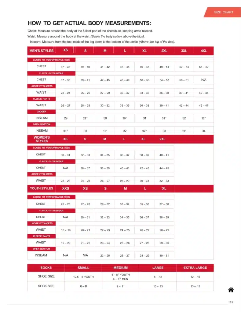 team jersery size chart